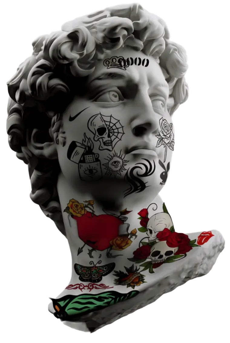 Marble bust of David covered head to shoulder in classic tattoo flash artwork