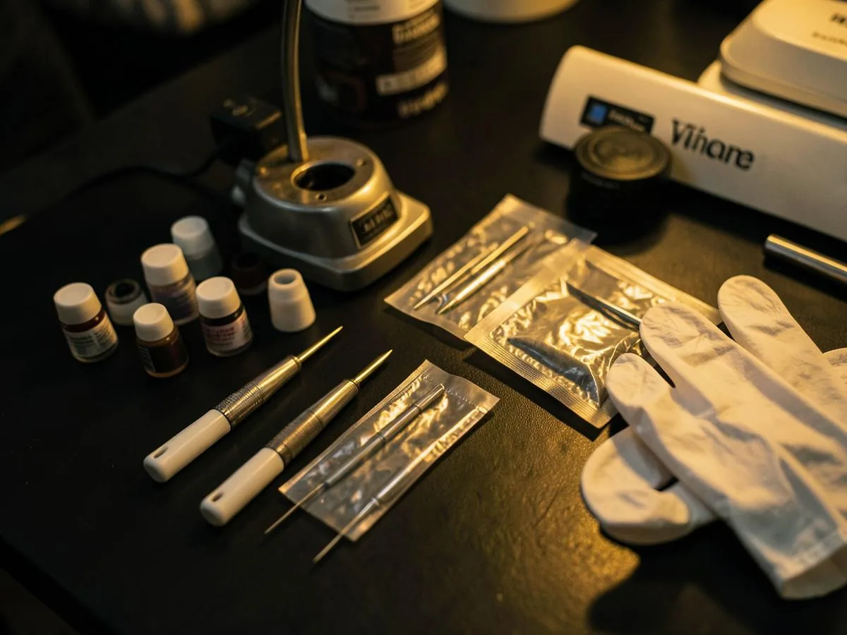 Sterile tattoo equipment, sealed needles, ink caps and gloves laid out ready for a client